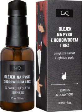 LaQ Olejek do brody i po goleniu w brązowej butelce z pompką i czarne opakowanie z Dobermanem.