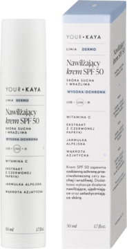 Biała tubka i pudełko YOUR KAYA Nawilżający krem SPF 50 do skóry suchej i wrażliwej, z przodu.