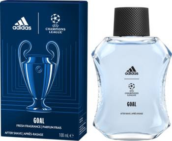 Adidas Goal aftershave, błękitna butelka obok ciemnoniebieskiego pudełka z trofeum Ligi Mistrzów. Widok z przodu.