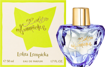 Lolita Lempicka woda perfumowana dla kobiet, fasetowana fioletowa butelka serce i żółte pudełko z zieloną gwiazdą.