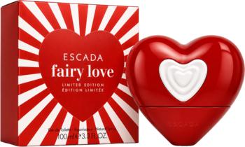 Escada Fairy Love woda toaletowa dla kobiet, czerwony flakon w kształcie serca z białą spiralą i pasujące pudełko.