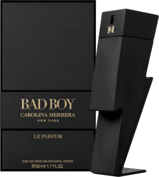 Carolina Herrera Bad Boy Le Parfum męskie perfumy. Czarna butelka-błyskawica obok pudełka z napisem, widok z przodu.