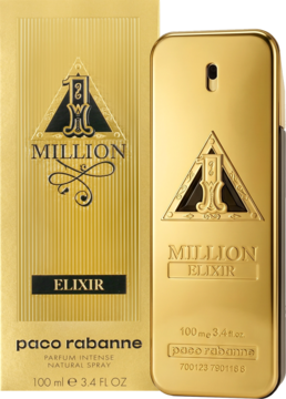 Złota butelka i pudełko męskich perfum Paco Rabanne 1 Million Elixir 100ml, widok z przodu.