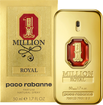 Złote perfumy Paco Rabanne 1 Million Royal 50ml i pasujące pudełko. Butelka ma czerwone logo „1”.