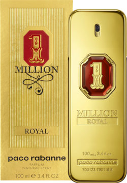 Paco Rabanne 1 Million Royal męskie perfumy, złoty flakon sztabka i pudełko z logo "1 Million Royal" na czarnym tle.