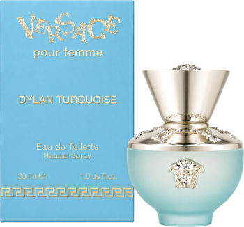 Versace Dylan Turquoise EDT 30ml, błękitne pudełko i matowa butelka z złotym korkiem Meduzy, ustawione obok siebie.
