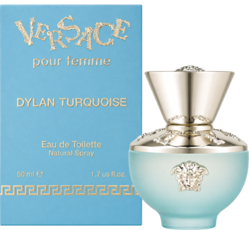 Versace Dylan Turquoise Pour Femme EDT 50 ml w niebieskim pudełku i flakonie ze złotym korkiem.