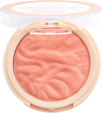 Otwarty, okrągły kompakt Revolution Reloaded Peach Bliss z matowym, prasowanym różem o brzoskwiniowym odcieniu i falistej fakturze.