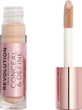 Kryjący korektor w płynie Revolution Conceal & Define C3, butelka z rosegold cap, obok wyjęty aplikator.