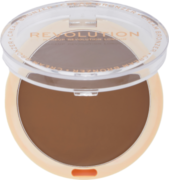 Otwarte okrągłe opakowanie kremowego bronzera Revolution Medium, z gładką brązową taflą produktu i logo.