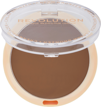 Otwarte okrągłe opakowanie kremowego bronzera Revolution Medium, z gładką brązową taflą produktu i logo.