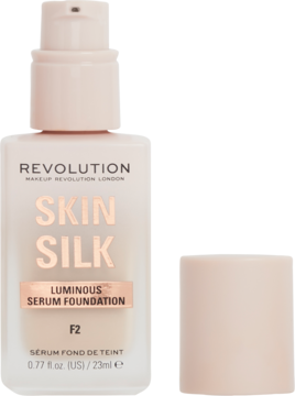 Matowa szklana butelka Revolution Skin Silk Luminous Serum Foundation F2 z pompką i oddzielną nakrętką.