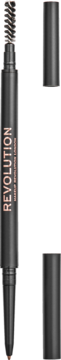 Czarna kredka Revolution Precise Brow Pencil z miedzianym napisem, dwustronna z cienkim rysikiem i szczoteczką.