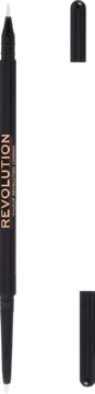 Biały eyeliner w pisaku Revolution, czarny, z dwiema precyzyjnymi końcówkami, widoczny z boku z odłożoną skuwką.