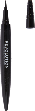Czarny wodoodporny eyeliner Revolution Renaissance Flick w pisaku, z precyzyjną końcówką, skuwka leży obok.