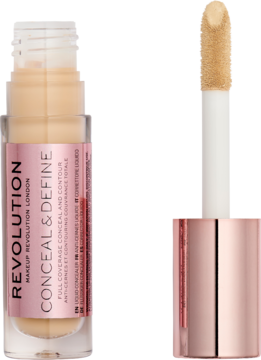 Płynny korektor Revolution Conceal&Define C5.7, beżowy, w szklanej butelce z rose gold. Widok na otwarty produkt z aplikatorem.