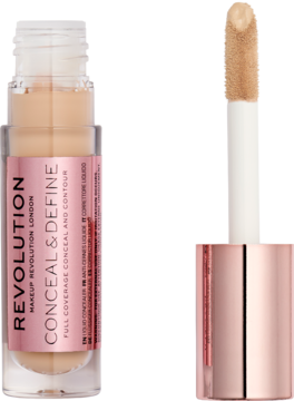 Revolution Conceal & Define C7, jasny beżowy korektor w butelce z rose gold nakrętką i aplikatorem.