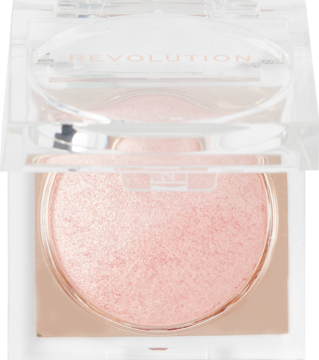 Otwarty, transparentny kompakt Revolution Beam Bright z wypiekanym rozświetlaczem Pink Seduction.