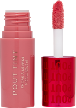 Revolution Pout Tint Sweet Pink, nawilżająca pomadka. Otwarta butelka z aplikatorem, zamknięta obok.