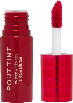 Czerwona, otwarta pomadka Revolution Pout Tint Sizzlin Red z błyszczącym wykończeniem i dużym aplikatorem.