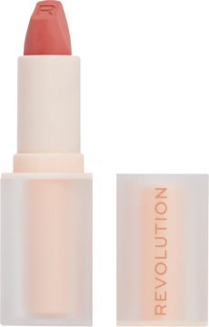 Satynowa pomadka Revolution Lip Allure Brunch Pink Nude, otwarta, z widoczną nakrętką i logo.