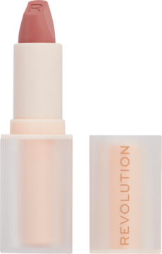 Otwarta satynowa pomadka Revolution Lip Allure Soft Satin w odcieniu Brunch Pink Nude, obok matowa nakrętka.