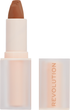Pomadka Revolution Lip Allure Soft Satin Divine Brown w otwartej, matowej tubie z nakrętką z logo.