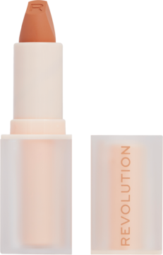 Satynowa pomadka Revolution Lip Allure w odcieniu Lover Nude, otwarta, z nakrętką obok, na jasnym tle.