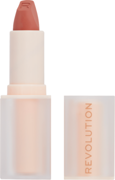 Revolution szminka Lip Allure Soft Satin Queen Pink, w beżowym, matowym opakowaniu, z otwartą szminką i oddzieloną skuwką obok.