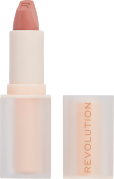 Satynowa pomadka Revolution Lip Allure Soft Satin Queen Pink, różowo-beżowa, z otwartą, matową jasnokremową nakrętką.