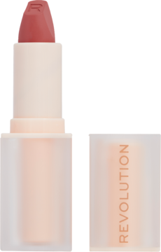 Otwarta satynowa pomadka Revolution Lip Allure Soft Satin Wifey Dusky Pink w jasnoróżowej tubce, obok nakrętka.