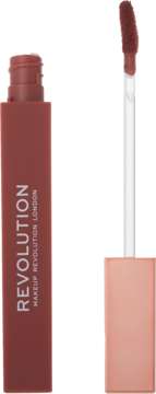 Matowa pomadka Revolution IRL Whipped Lip Crème Frappuccino Nude, brązowa, z wyjętym aplikatorem, pionowo.