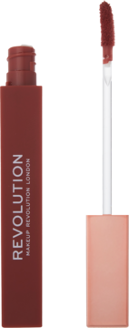 Matowa pomadka Revolution IRL Whipped Lip Crème w kolorze Burnt Cinnamon, w prostokątnej tubie z wyciągniętym aplikatorem.