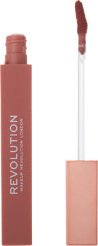 Karmelowa, matowa pomadka Revolution IRL Whipped Lip Crème. Prostokątna tubka, aplikator częściowo wyjęty.