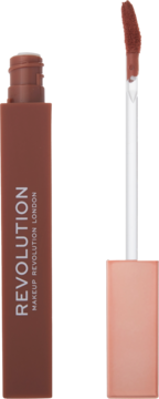 Płynna pomadka Revolution IRL Whipped Lip Crème Espresso Nude, brązowa, matowa butelka z wysuniętym aplikatorem.