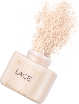 Sypki puder Revolution Baking Powder Lace w otwartym, przezroczystym słoiczku, z beżowym pudrem rozsypanym na tle.