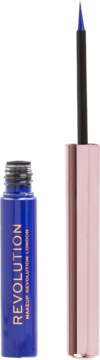 Niebieski eyeliner Revolution Super Flick z precyzyjnym aplikatorem, buteleczka otwarta obok pędzelka.