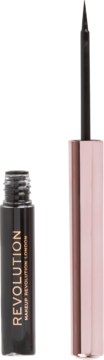 Revolution Super Flick liquid eyeliner w ciemnej butelce z rożową nakrętką, otwarty, widoczny precyzyjny pędzelek.