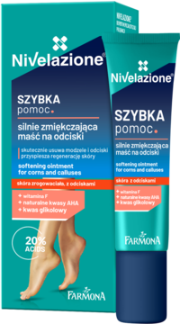 Nivelazione, silnie zmiękczająca maść na odciski, w zielonym pudełku z tubką 20% ACIDS, widok z przodu.