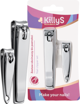 Zestaw KillyS do paznokci: dwa srebrne obcinacze ze stali nierdzewnej (mały i duży) w blistrze, widok przód.