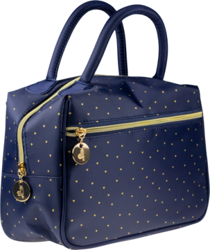 Granatowa kosmetyczka damska w złote kropki, z ozdobnym złotym zamkiem, widok z boku pod kątem.