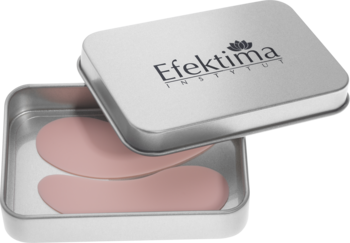 Srebrna, otwarta puszka Efektima z różowymi wielorazowymi silikonowymi płatkami My Wonder Eye Pads, widok z góry.