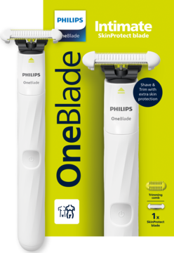 Dwie białe maszynki Philips OneBlade Intimate SkinProtect, jedna w zielonym opakowaniu, widok z przodu.