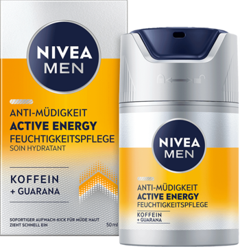 NIVEA MEN Active Energy krem nawilżający z kofeiną i guaraną, w srebrnym pojemniku z pompką i pudełku.