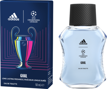 Adidas UEFA Champions League Goal woda toaletowa, przezroczysta butelka z błękitnym płynem i ciemne pudełko.