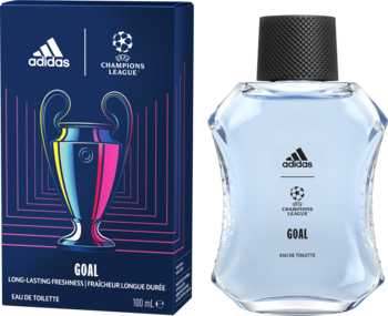 Adidas UEFA Champions League Goal EDT, niebieska butelka perfum męskich i kartonik z logo, widok z przodu.