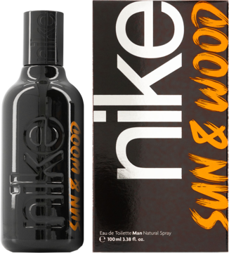 Perfumy Nike Sun & Wood EDT 100ml w czarnym, matowym flakonie i pudełku, z pomarańczowo-srebrnym napisem.