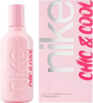 Różowa matowa butelka Nike Chic & Cool 100ml i pasujące pudełko z srebrnym logo, widok z przodu.
