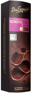 Ciemnobrązowe opakowanie Das Exquisite Schokoladen Chips Noir, z przodu i z boku, z grafiką chrupiących płatków czekoladowych.