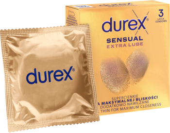 Durex Sensual Extra Lube, złote opakowanie prezerwatyw i pojedyncza saszetka, dla maksymalnej bliskości.